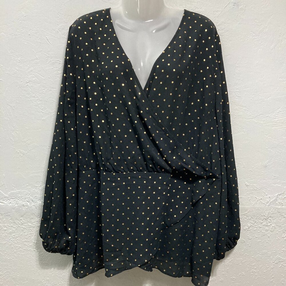 June + Vie Womens Blouse Wrap Top Black Gold Metallic Sheer Polka Dot 24W